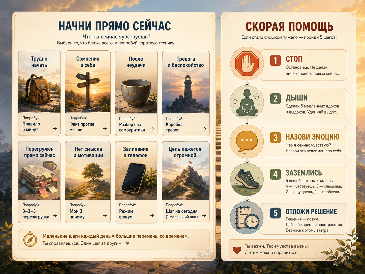 Инфографика: быстрый вход по ситуации и «Скорая помощь» из пяти шагов — стоп, дыши, назови эмоцию, заземлись, отложи решение