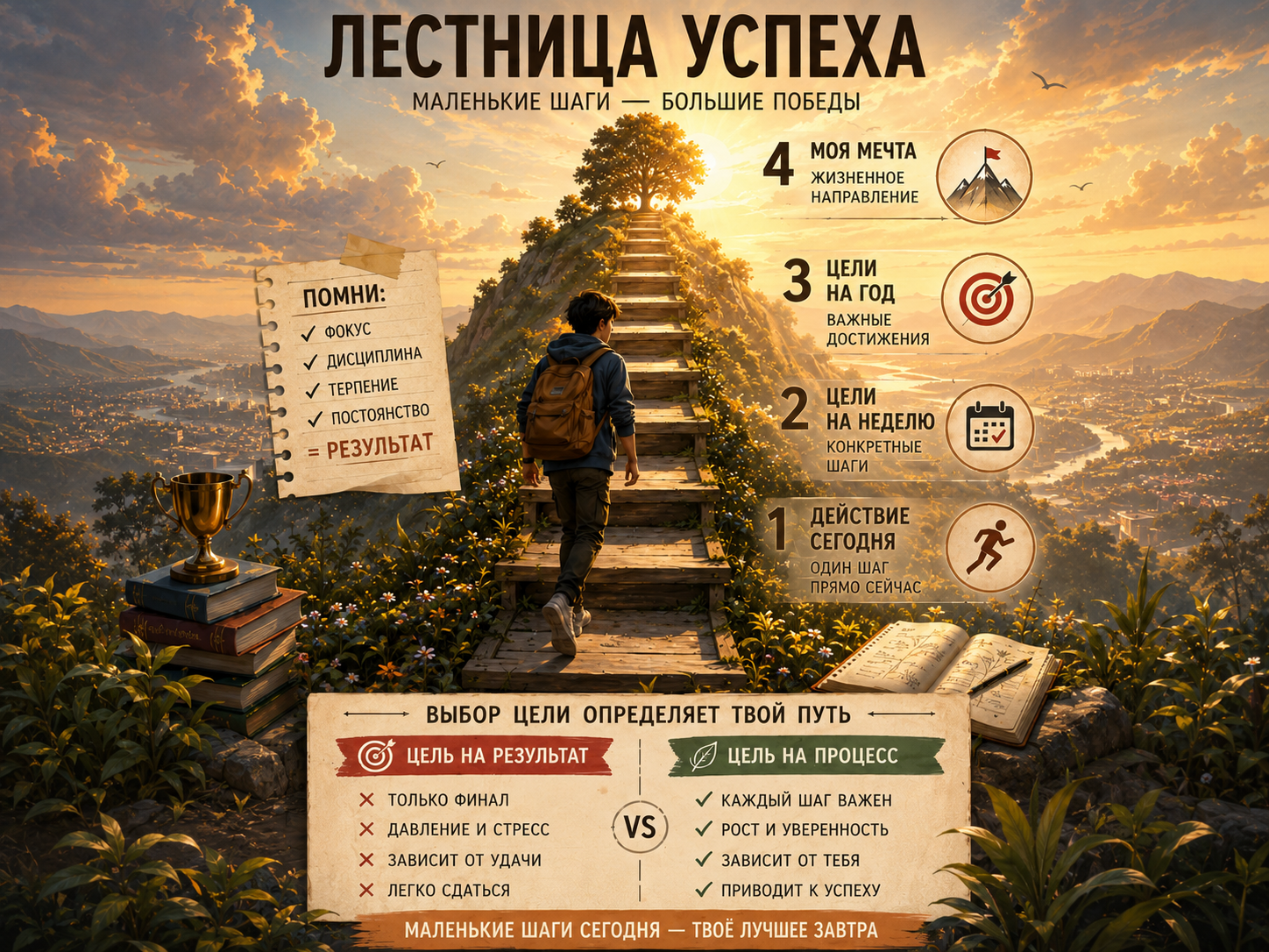 Инфографика «Лестница успеха»: ступени от действия сегодня к мечте, цель на результат против цели на процесс