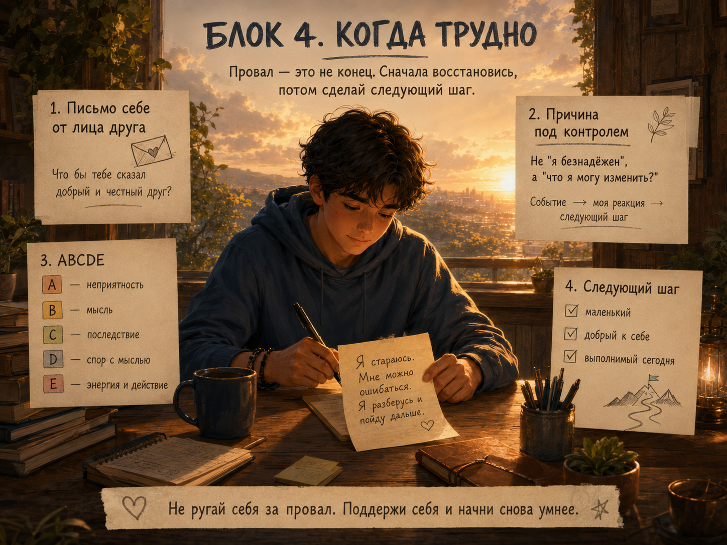 Инфографика «Блок 4. Когда трудно»: письмо себе от друга, причина под контролем, метод ABCDE, следующий шаг