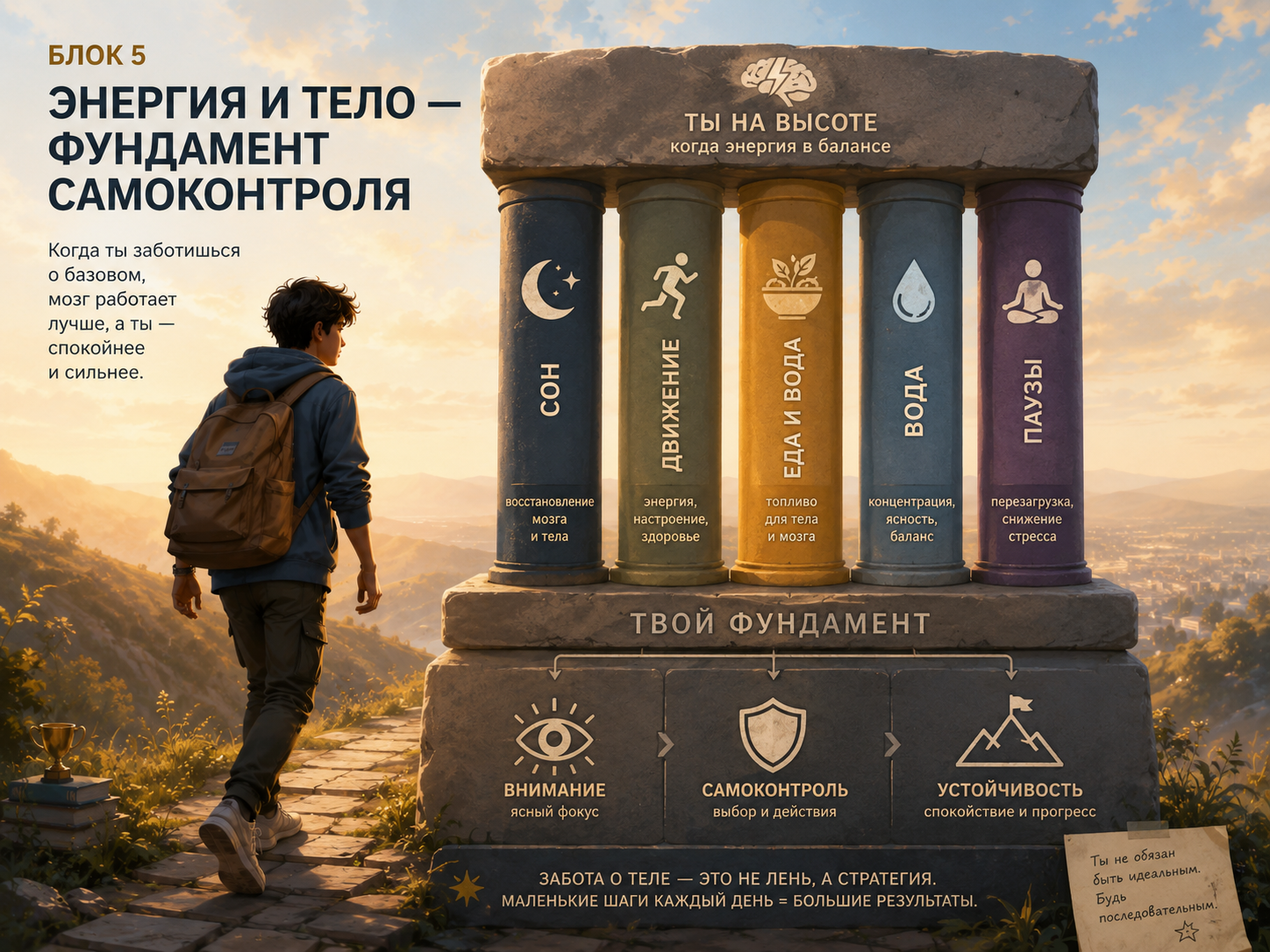 Инфографика «Блок 5. Энергия и тело»: пять опор — сон, движение, еда и вода, паузы — как фундамент самоконтроля