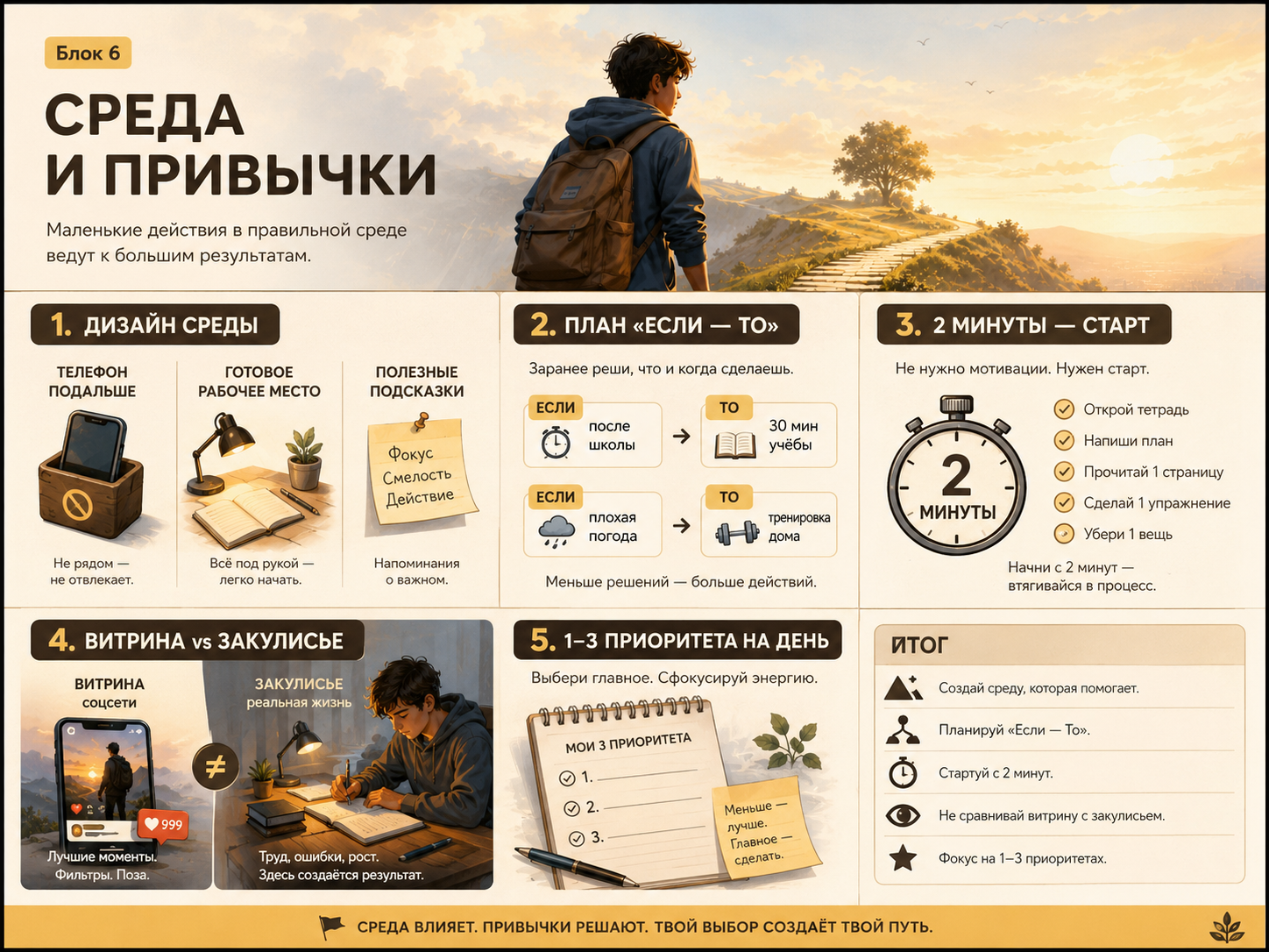 Инфографика «Блок 6. Среда и привычки»: дизайн среды, планы «если—то», правило двух минут, витрина против закулисья, 1–3 приоритета