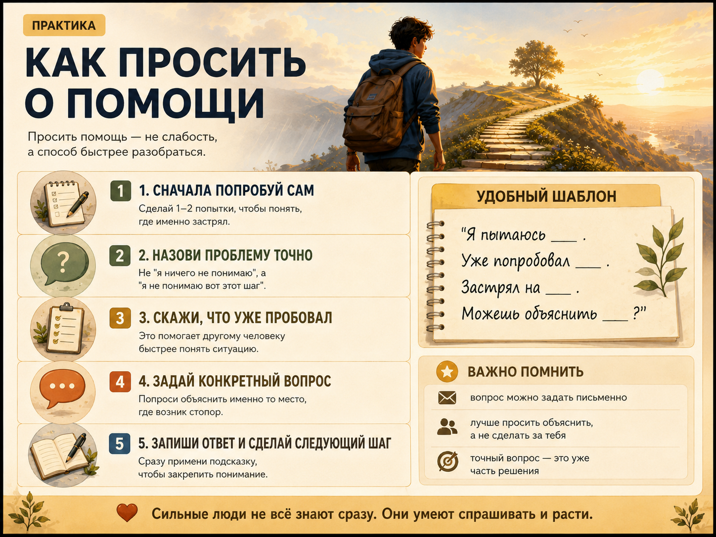 Инфографика «Практика. Как просить о помощи»: пять шагов и удобный шаблон вопроса